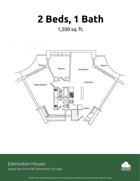 Floor plan for 2 beds, 2 baths, 1200 sqft